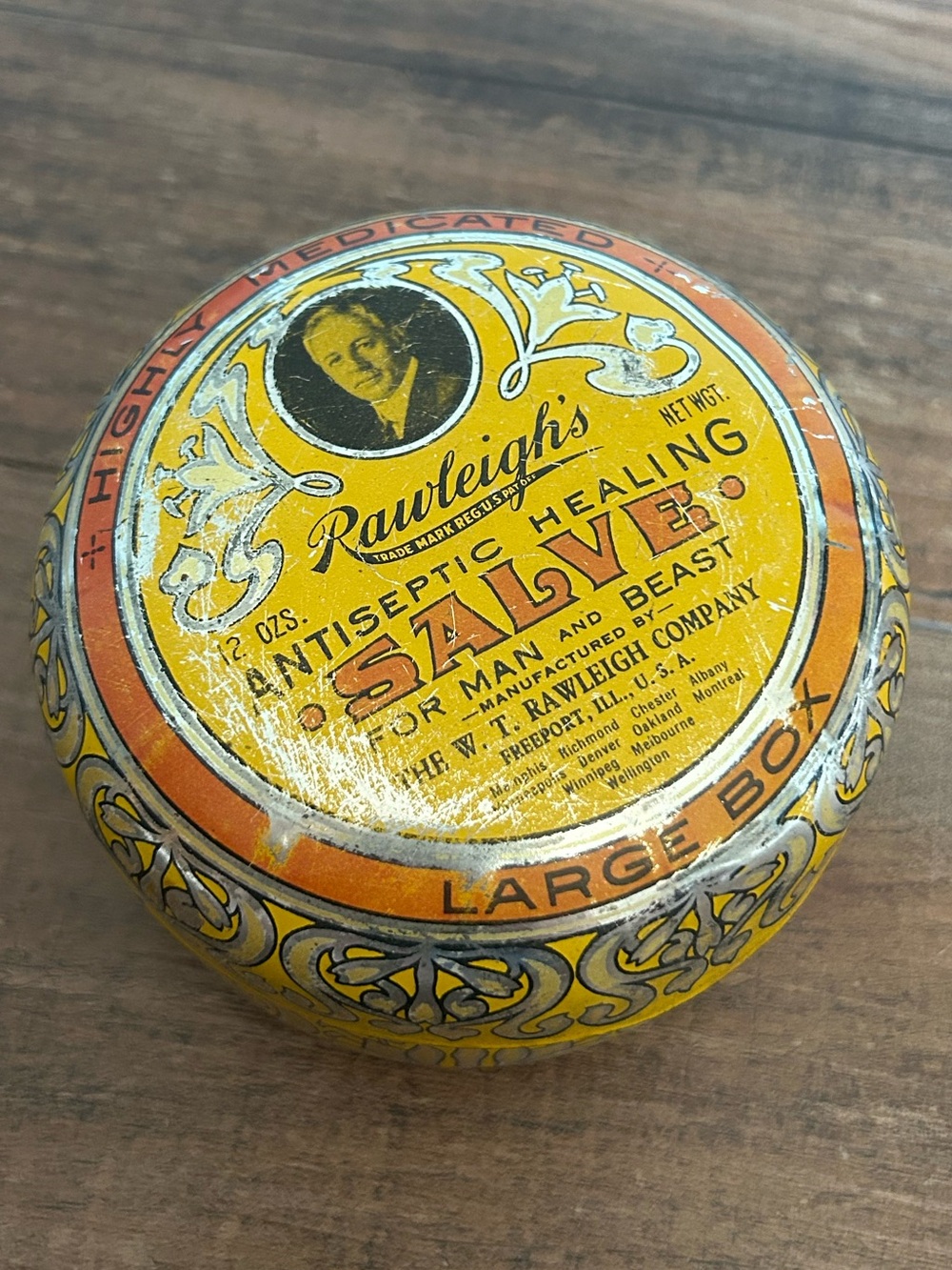 1940’s Vintage Rawleigh Antiseptic Salve 12oz Tin Collectable Advertising